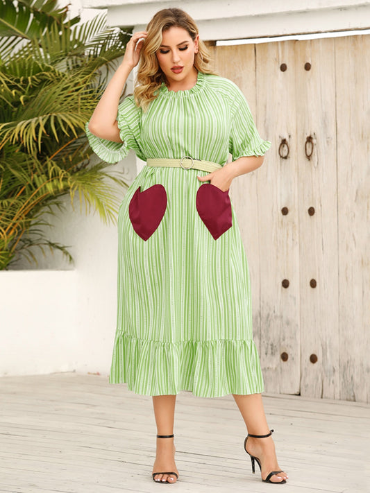 Plus Size Heart Pockets Striped Half Sleeve Dress