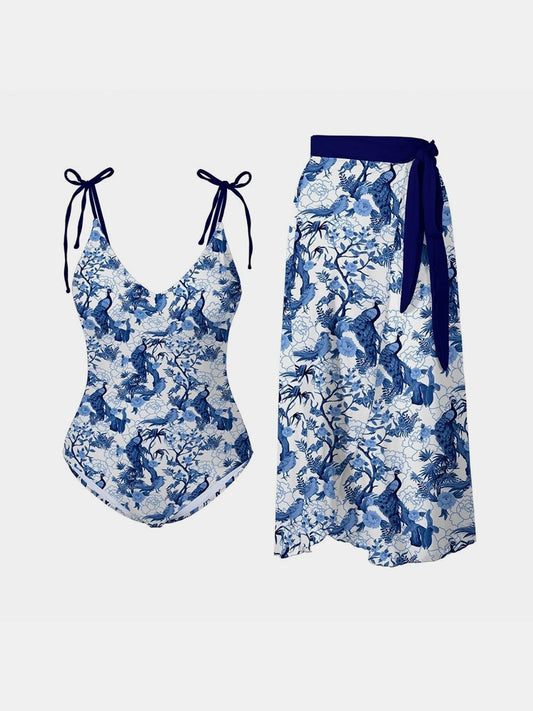 Blue Printed Swimsuit and Cover Up Skirt Set