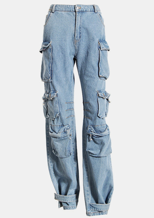 Washed Wide Leg Cargo Jeans with Ankle Straps